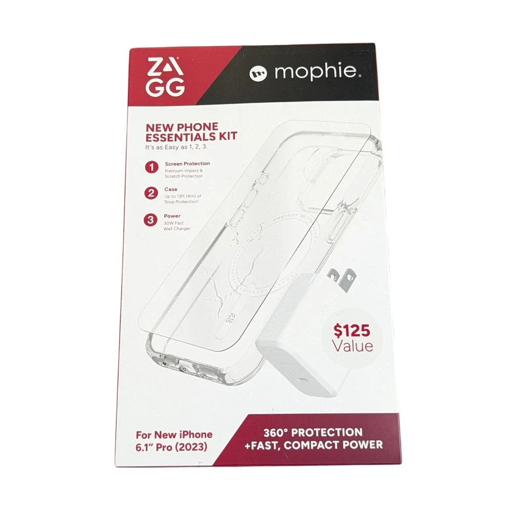 Cc7O Zagg Mophie‎ Essentials Kit Crystal Case, Glass + 30W Charger iPhone 15 Pro